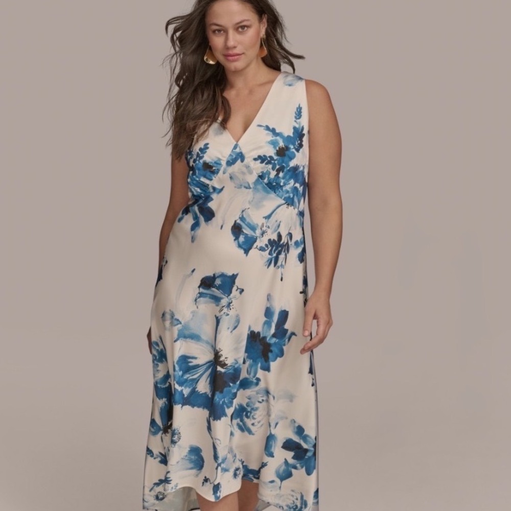 Donna Karan Floral Midi Dress Women 16W NEW High-Low V-Neck Blue White MSRP $179